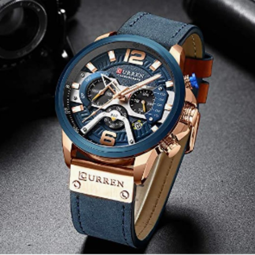 Mens Luxury Waterproof Leather Strap Analog Quartz Wrist Watch-Blue/Rose Gold